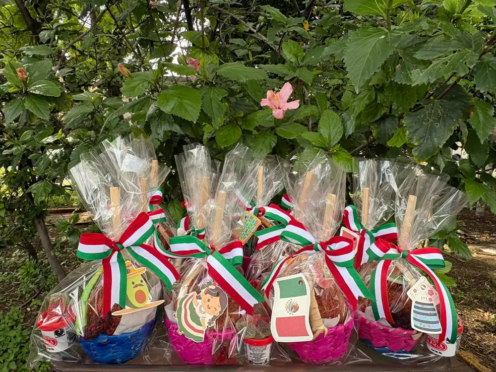 Manzanas en canastitas de colores con listón tricolor